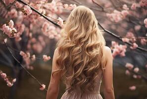 ai génératif. retour voir, magnifique Jeune femme avec longue frisé blond cheveux contre le toile de fond de Cerise fleurs photo