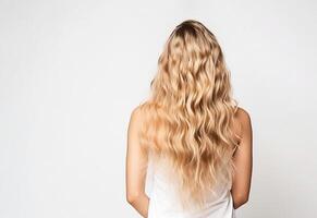 ai génératif. arrière vue de une fille avec magnifique longue blond cheveux. photo