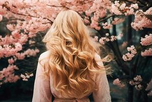 ai génératif. retour voir, magnifique Jeune femme avec longue frisé blond cheveux contre le toile de fond de Cerise fleurs photo