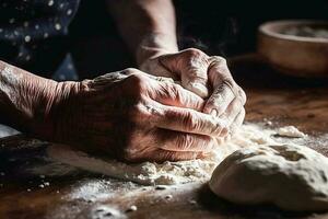 ai génératif. mains de Sénior homme pétrissage pâte photo