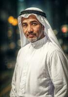 riches arabe homme d'affaire dans traditionnel blanc tenue dans nuit rue arrière-plan, génératif ai photo