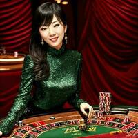 Jeune magnifique asiatique femme à luxe casino, génératif ai photo
