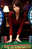 Jeune magnifique asiatique femme à luxe casino, génératif ai photo