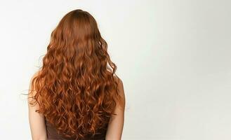 ai génératif. arrière vue de une fille avec magnifique longue rouge cheveux. photo