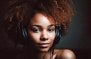 ai génératif. une Jeune fille écoute à la musique dans écouteurs. photo