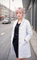 photo de asiatique femme dans blanc laboratoire manteau à moderne laboratoire, génératif ai