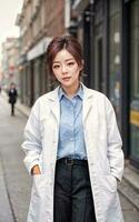 photo de asiatique femme dans blanc laboratoire manteau à moderne laboratoire, génératif ai