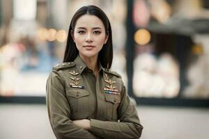 photo de asiatique femme dans thaïlandais police officier uniforme, génératif ai