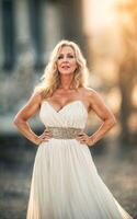 photo de blanc milieu vieilli vieux Dame américain femme dans robe à le le sable plage, génératif ai