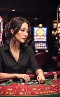 jolie Jeune asiatique femme à jeux d'argent casino salon, génératif ai photo