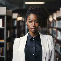 magnifique africain américain noir femme avec bibliothèque dans arrière-plan, génératif ai photo