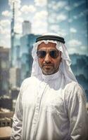 riches arabe homme d'affaire dans traditionnel blanc tenue dans gros ville dans arrière-plan, génératif ai photo