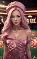 magnifique asiatique femme avec luxe robe dans grandiose casino jeu, génératif ai photo