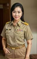 photo de milieu vieilli asiatique femme dans thaïlandais prof uniforme, génératif ai