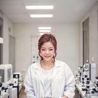 photo de asiatique femme dans blanc laboratoire manteau à moderne laboratoire, génératif ai