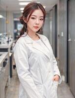 photo de asiatique femme dans blanc laboratoire manteau à moderne laboratoire, génératif ai