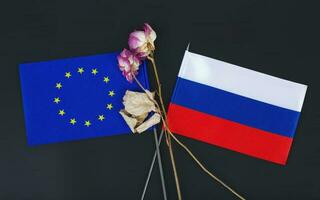 petit drapeaux de le européen syndicat et russe fédération et deux séché fleurs sur une noir surface. Contexte photo