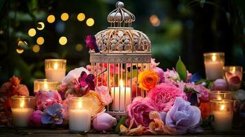 mariage cage sur table plein de fleurs et bougies. génératif ai photo
