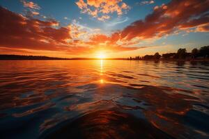 une radiant Orange Soleil jette enchanteur reflets sur le l'eau et horizon ai généré photo