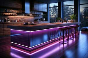 énervé et vibrant moderne cuisine illuminé avec captivant violet LED lumières ai généré photo