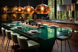 contemporain cuisine avec une central vert table dans une moderne intérieur ai généré photo