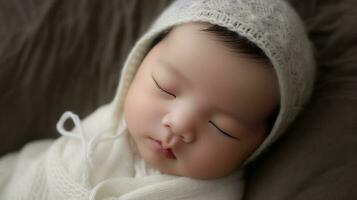 nouveau née bébé fille en train de dormir dans une blanc tricoté chapeau et foulard.ai produire photo