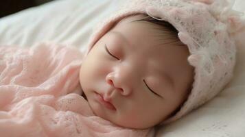 nouveau née bébé fille en train de dormir dans une blanc tricoté chapeau et foulard.ai produire photo