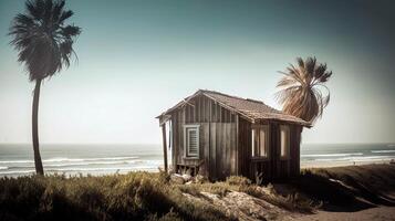 bois cabine sur le plage. Journal cabine par le mer dans Naturel paysage. génératif ai. photo