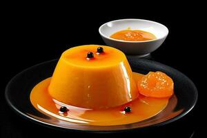 bien Orange pudding sur une plaque, noir arrière-plan, illustration, génératif ai photo