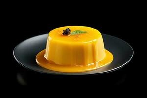 savoureux mangue pudding sur une plaque, noir arrière-plan, illustration, génératif ai photo