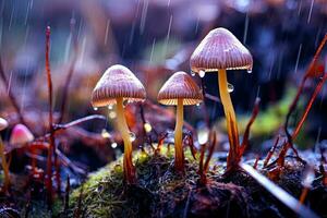 champignons psilocybe semi-lancéata, dans le pluie, hallucinogène champignons pour psychiatrie. ai généré photo
