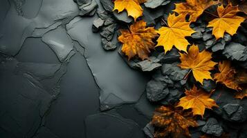 l'automne Jaune érable feuilles sur noir charbon arrière-plan, des idées pour l'automne carte postale. ai généré photo