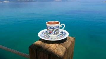 traditionnel turc café tasse avec exotique mer arrière-plan, femme main en portant le tasse sur une ensoleillé été journée photo