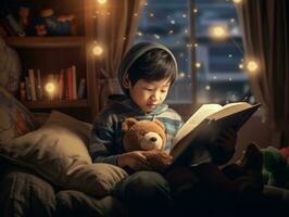 mignonne asiatique garçon en train de lire livre avant lit temps dans confortable chambre à coucher. génératif ai photo