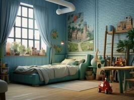 confortable bleu enfant chambre avec jouet et amusement décoration. génératif ai photo