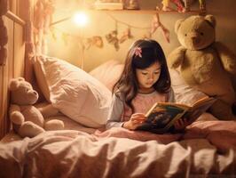 mignonne asiatique fille en train de lire livre avant lit temps dans confortable chambre à coucher. génératif ai photo