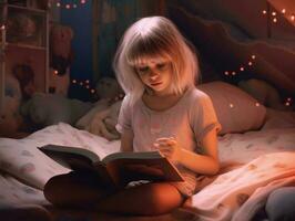 jolie fille en train de lire livre avant lit temps dans confortable chambre à coucher. génératif ai photo