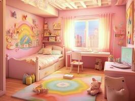 moderne rose coloré bambin chambre avec décoration. génératif ai photo