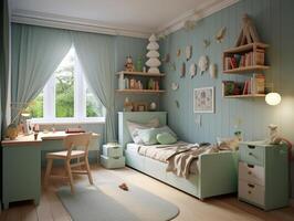 confortable bleu enfant chambre avec jouet et amusement décoration. génératif ai photo