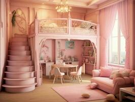 confortable rose coloré girly thème chambre pour filles. génératif ai photo