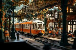 miniature train ensemble avec en mouvement les pièces et les passagers sur planche. génératif ai photo