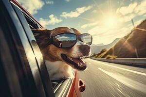 mignonne chien avec tête en dehors de le voiture fenêtre sentiment le vent, mouvement se brouiller. génératif ai photo