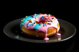 délicieux coloré Donut sur une plaque, noir arrière-plan, illustration, génératif ai photo
