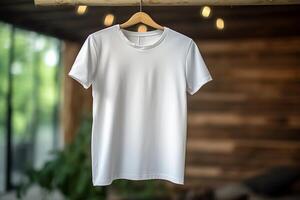 une blanc T-shirt est pendaison sur une cintre. photo