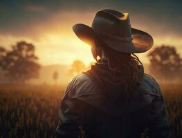 magnifique femme dans cow-boy sauvage Ouest style, cow-boy chapeau et jeans veste, mode portrait photo session, publicité, agricole champ, chaud et Orange couleurs sur le le coucher du soleil ciel. génératif ai