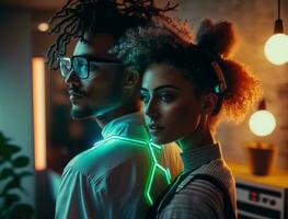 magnifique Multi-éthnique couple dans décontractée tenues et futuriste néon embrasé lunettes, Danse et avoir une fête à Accueil photo
