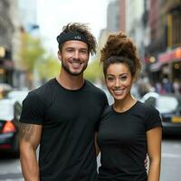 illustration de une couple mode portrait avec plaine T-shirt maquette, ai généré photo