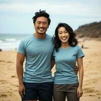 illustration de une couple mode portrait avec plaine T-shirt maquette, ai généré photo