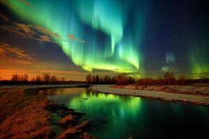 aurore paysage avec nord lumières, génératif ai photo