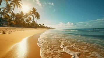 magnifique image de une tropical plage avec bleu ciel et paume des arbres - génératif ai photo